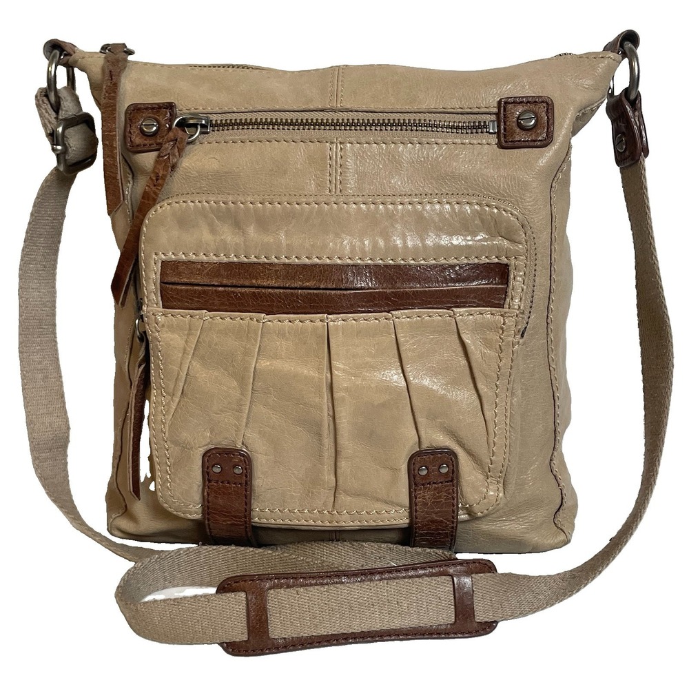 The Sak Beige Leather Crossbody Bag Brown Trim Pleated Pocket Organizer Travel